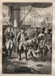 James Cooks tredje rejse - De gav ham en lille gris - jeg præsenterede ham en lille gris - James Cooks tredje rejse i Stillehavet - illustration taget fra "The Great Mariners of the 18th century" af Jules Verne