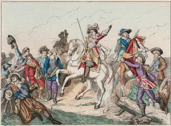 Trediveårskrig (1618-1648): Prins Louis II af Bourbon Conde (Bourbon-Conde), kendt som Grand Conde (1621-1686), hertugen af Enghien, hilser liget af greven af Fontaine i slaget ved Rocroi (Rocroy) mod spanierne, 19. maj