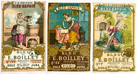 Tre etiketter til Bleu de E. Boilley-mærket af vaskepulver, 1878