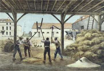 Tærskning af majs, illustration fra en skolebog Enseignement par les yeux, 2. halvdel af 1800-tallet