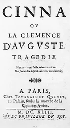Titelblad til Cinna ou la Clemence dAuguste af Pierre Corneille (1606-84) udgivet i 1643
