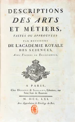 Titelside på "" Beskrivelser af kunst og metier lavet eller godkendt af herrer fra Royal Academy of Sciences"". 1761