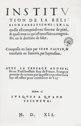 Titelside for Institutter for den kristne religion af John Calvin, fransk 1. udgave, 1541
