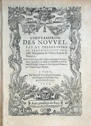 Titelside for "" Heptameronen""": fortællinger eller nyheder af Margarita af Navarra (Marguerite af Valois, Marguerite af Angouleme eller Marguerite af Frankrig (1492-1549) Navarra-dronning og digterinde