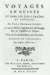 Titelblad for rejser i Guinea og de caribiske øer i Amerika af Paul Erdman Isert, udgivet 1743