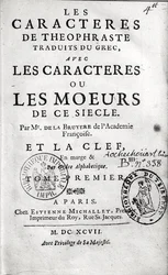 Titelside af Theophrastus Les Caractères ou les Moeurs oversat af Jean de la Bruyere (1645-96) 1697