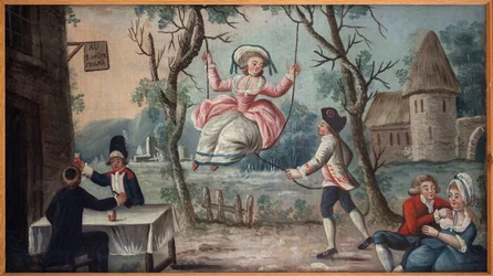 Til de tre forenede stænder. Gejstligheden, adelen og tredjestanden forenet i en kro. En ung kvinde gynger. Malet skilt for en kokardehandler, sandsynligvis fra Palais Royal, anonymt maleri, revolutionsperioden