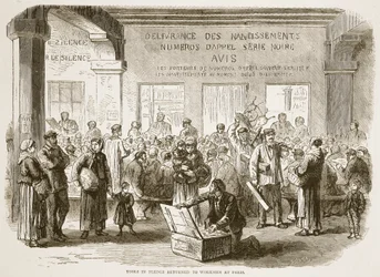 Værktøj i pant returneret til arbejdere i Paris, illustration fra Cassells historie om krigen mellem Frankrig og Tyskland, 1870-1871