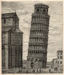 Tower of Pisa - Torre di Pisa - Tour de Pisa - Indgravering i "" Videnskaber bragt til alles rist - Populær fysik og kemi" af Alexis Clerc - Slutningen af det 19. århundrede - Privat samling