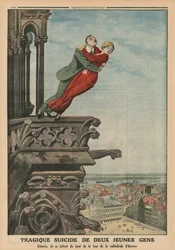 To unges tragiske selvmord fra katedralens tårn i Antwerpen, illustration på bagsiden fra «Le Petit Journal, supplément illustré», 11. maj 1913