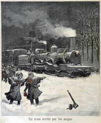 Tog tvunget til at standse af sne. Illustration af avisen "" Le Petit Parisien"" fra marts 1892.