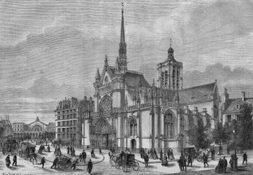 Transformationer af Paris under det andet imperium, Haussmann-Paris: udsigt over den nye neogotiske facade af Saint Laurent-kirken, boulevard de Strasbourg, restaureret af arkitekten Simon Claude Constant Dufeux (Constant-Dufeux) (1801-1870)