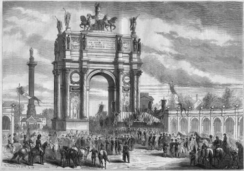 Forvandlinger af Paris under det andet imperium, Haussmann Paris: triumfbuen ved indvielsen af Boulevard du Prince Eugene (i dag Boulevard Voltaire) af Napoleon III. Indgravering i "" Le Monde Illustré"" nr. 296 af 13. december 1862.