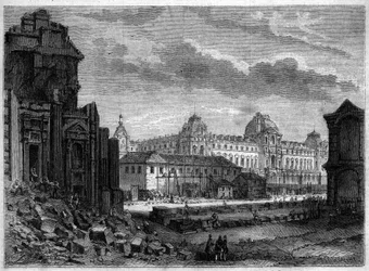 Transformationer af Paris under det andet imperium, Haussmann Paris: nedrivning af Flore-pavillonen og værker i gården til Tuilerierne - Indgravering i "" Le Monde Illustré"" nr. 244 af 14. december 1861