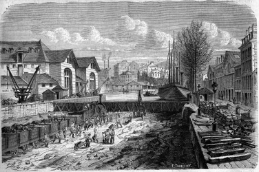 Transformationer af Paris under det andet imperium, Haussmann Paris: værker udført til sænkning af vandområdet i Canal Saint Martin. Indgravering i "" Le Monde Illustré"" nr. 143 af 7. januar 1860.