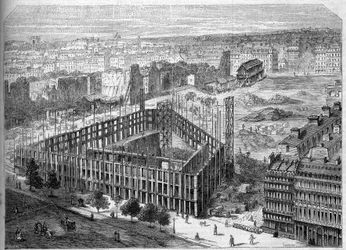 Transformationer af Paris under det andet imperium, Paris Haussmann: opførelse af Hotel de la Paix og udsigt over placeringen af den fremtidige Opera Garnier, mellem gaderne Neuve des Mathurins, Chaussee d