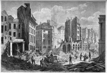 Transformationer af Paris under det andet imperium, Paris Haussmann: nedrivning af Rue de la Barillerie til gennemboring af Boulevard Sebastopol. Indgravering i "" Le Monde Illustré"" nr. 126 af 10. september 1859.