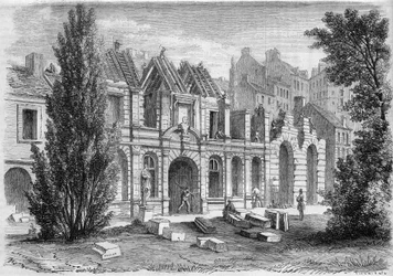 Transformationer af Paris under det andet imperium, Paris Haussmann: nedrivning af Orangerie du Luxembourg for at udvide rue Soufflot. Indgravering i "" Le Monde Illustré "" nr. 276 af 26. juli 1862.