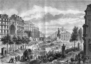 Transformationer af Paris under det andet imperium, Paris Haussmann: gennemboring af Boulevard du Prince Eugene (nuværende Boulevard Voltaire). Indgravering i "" Le Monde Illustré"" nr. 284 af 20. september 1862.