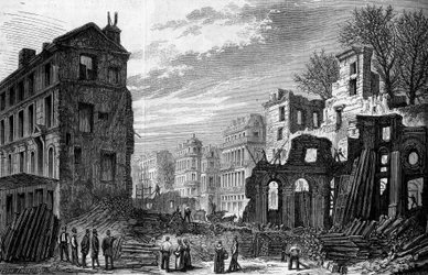 Transformationer af Paris under det andet imperium, Paris Haussmann: gennemborer boulevarden Saint Germain, set fra rue saint dominique. Stik fra 1870.