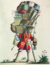 Rejsende krydderi-, spiritus- og middelsælger i 1721, fra Costumes de Paris a Travers les Siecles, udgivet 1887 (farvegravering)