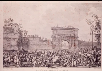 De franske tropper under Napoleon Bonaparte går triumferende ind i Milano den 15. maj.
