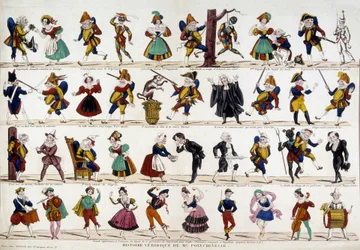 Sandfærdig historie om Monsieur polychinelle (polichinelle). Billede af Epinal, sd. 19. århundrede.