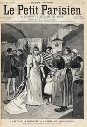 Prøv toilettet i værkstedet på tærsklen til Mi Careme Fete (Mi-Careme): dronningen af hvidere. En af avisen "Le Petit Parisien"" den 12/03/1893 (gravering)