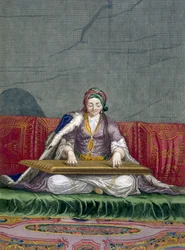Tyrkisk pige, der spiller på et klaviaturplukkeinstrument, fra Collection of One Hundred Prints Representing the Different Nations of the Levant af Charles de Ferriol, indgraveret af Gerard Scotin (1671-1716)