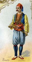 tyrkisk mand. Udgave af det parisiske litografi, slutningen af det 19. århundrede. Serie af 25 reklamekromoer til Dijon-fremstillingen af Biscuits Pernot, skabt i 1869. Detalje af karaktererne i traditionel dragt