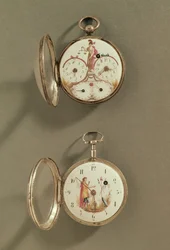 To lommeure dekoreret med revolutionære symboler (metal og emalje)