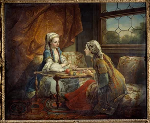To sultaner, der arbejder i et gobelin. Maleri af den franske skole