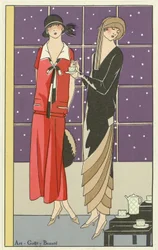 Two women having tea and dressed in designs by by Jean Patou and Beer, from Art-Goût-Beauté pub. 1924dani