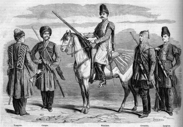 Typer og uniformer af den særlige eskorte af kejseren af Rusland. Fra venstre mod højre: trompet, kosak, muslimsk, tjerkessisk og lesgisk. Indgravering i "" Le Monde Illustré"" nr. 153 af 17. marts 1860.