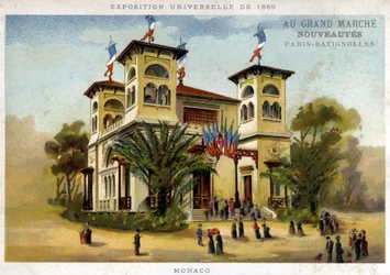 Verdensudstilling fra 1889. Monaco-pavillonen. Kromolitografi i slutningen af det 19. århundrede.