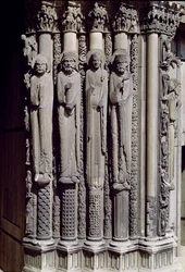 Ukendt skikkelse, kong Salomon, dronningen af Saba og kong David, jambfigurer fra den kongelige portal, 1140-55