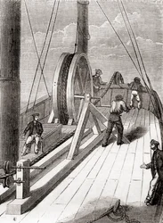 Afvikling af søkablet fra Dover til Calais ombord på Blazeren, 25. december 1851, fra Les Merveilles de la Science, udgivet ca. 1870 (gravering)