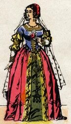 Valois-dynastiet: Portræt af Eleonore af Habsburg eller Østrig (1498-1558) Dronning af Frankrig, kone til Francois I (1494-1547). Epinal billeddannelse fra slutningen af det 19. århundrede. Privat samling.