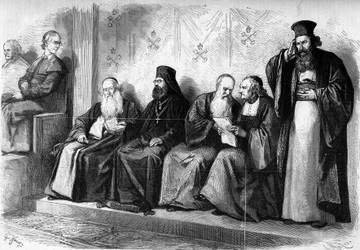 Vatikankoncilet 1 (1869-1870): patriarker og archimandrites under den præsynodale audiens i Det Sixtinske Kapel i Rom. December 1869. Indgravering i "" Le Monde Illustré"" nr. 662 af 19. december 1869.