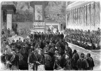 Vatikankoncilet 1 (1869-1870): prosynodale audiens i Det Sixtinske Kapel i Rom. Pave Pius IX (1792-1878) modtog eden om marekalernes seret og koncilets embedsmænd. December 1869. Indgravering i "" Le Monde Illustré"" nr. 662 af 19. dec.