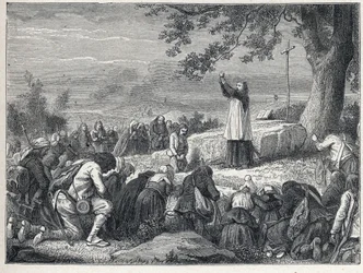 Vendee Wars (1793-1796): Præstindsætter fejrer en messe under en eg for den oprørske befolkning, der afviser svorne præster. Stik fra 1889. Privat samling.