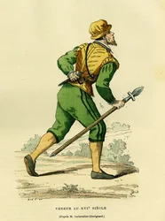 Veneur-dragt, ansvarlig for jagt på almindelige hunde, i det 17. århundrede. Farvestik efter en tegning af Lechevaller-Chevignard, i "France et les francais a travers les centuries" af Augustin Challamel, F.Roy editor, Paris 1882. Selva-samlingen.