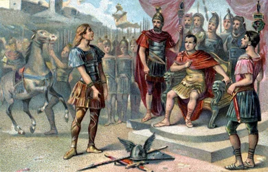 Vercingetorix, gallisk leder, overgav sig til Julius Cæsar i 52 f.Kr.