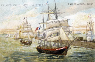 Fartøjer fra selskabet i Vestindien i havnen i Le Havre. 1800-tallets illustration bevaret på det kommunale bibliotek i Dinan.