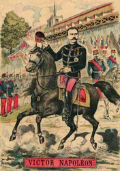 Victor Napoleon (1862-1926) i spidsen for bonapartisternes tilhængere, den sidste arving til Napoleon I, som måtte gå i eksil efter en lov vedtaget af den tredje republik i 1886. Stik, i "Le Figaro, supplement", den 30/03/1889, Paris. Coll. Selva.
