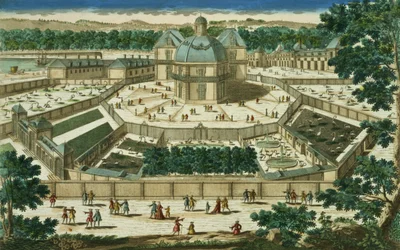 Udsigt og perspektiv på Salon de la Menagerie i Versailles, indgraveret af Antoine Aveline (1691-1743)