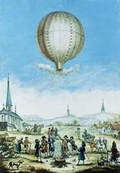 Udsigt over Annonay i Vivarais og den første flyvning af Montgolfier-brødrenes varmluftballon i 1783 (farvegravering)