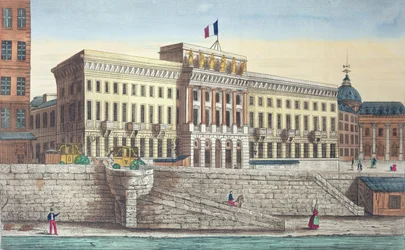 Udsigt over Hotel des Monnaies fra Pont Neuf, Paris (farvegravering)