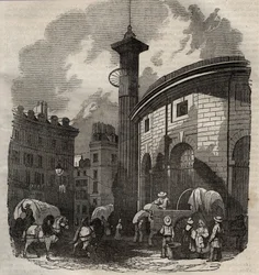 Udsigt over halle au ble i Paris (bygget i 1763-1769) og Medici-søjlen, gravering fra begyndelsen af det 19. århundrede - hvede- og majsudveksling i Paris (bygget i 1763-1769), gravering i begyndelsen af det 19. århundrede - Udsigt over Halle au ble, place