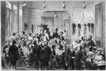 Udsigt over "Cafe du Levant", i Genève, mødested for flygtninge i Paris-kommunen og Lyon-kommunen. Fra venstre mod højre er repræsenteret: Masse, Sirdey, Andignous, Jules Frantz, Jules Moutils, Gaillard (far og søn), Perrare, J. Guesde, L.